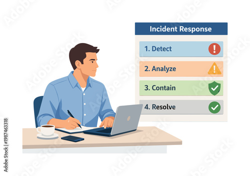 A professional structuring a clear incident response workflow during a focused operational moment, sitting at a desk with a laptop while organizing a simple step-by-step