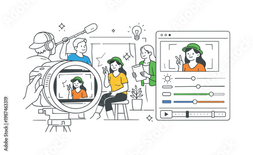 A creative direction and content creation scenario where individuals bring ideas to life through visual media and coordinated teamwork, depicted through a simple scene