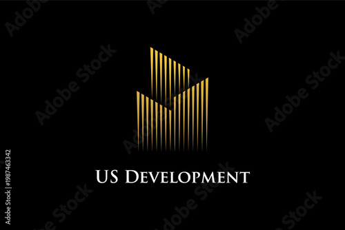 US Development logo featuring stylized golden building on black background.