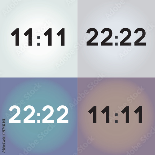 Séquence de chiffres 11:11 et 22:22, heure miroir, nombres symétriques, concept du temps, destin, synchronicité, numérologie, illustration vecteur