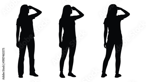 Three silhouetted women are shown shielding their eyes looking into the distance