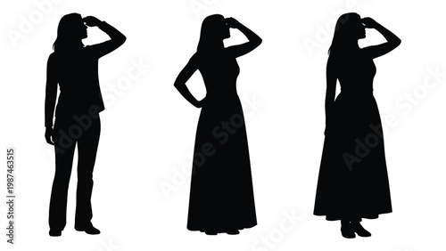 Three silhouetted women looking through binoculars creating a repeating pattern high quality