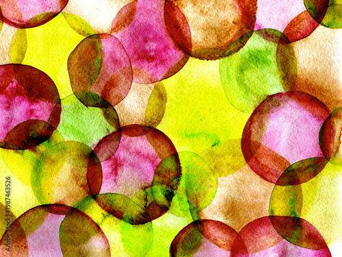 Abstract watercolor background with colorful overlapping circles and hand painted paper texture