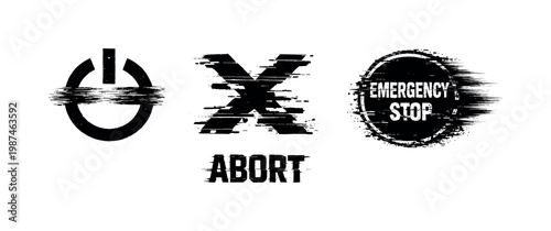 Digital forced shutdown and emergency abort theme, a set of 3 glitch-distorted monochrome objects placed on a perfectly clean white background, each object exhibiting its