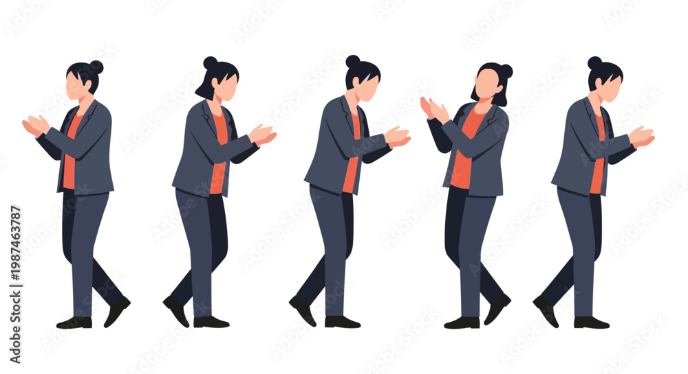 Obraz premium Animated woman in business attire walking and gesturing in different poses