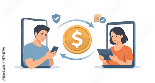 Peer-to-peer payment and financial exchange concept illustrating seamless movement of money between individuals using digital tools and platforms, visualized with two
