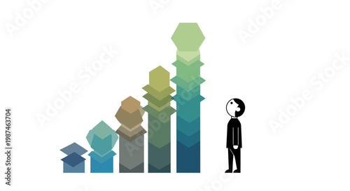 Businessman looking at a colorful growing bar chart graph with increasing trend
