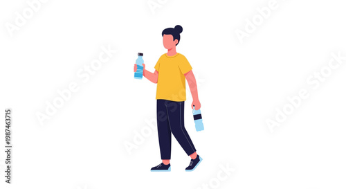 Person walking with a water bottle and a laptop, staying hydrated on the go
