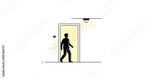Man stepping through a doorway into a bright sunny room with a sense of opportunity