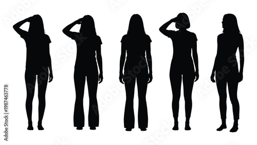 Silhouettes of five women with hands raised shown in a linear arrangement