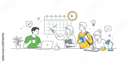 A productivity-focused morning setup where individuals prepare for work or study in a calm environment, visualized by a small group interacting near a simple desk and