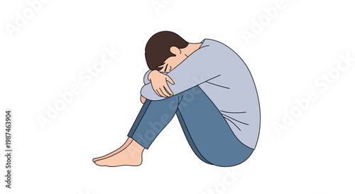 Sad person sitting on the floor. Depressed man. Emotional state. Vector illustration. Simple line art. White background.