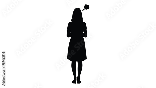 Silhouette of a woman with a thought bubble above her head isolated on white