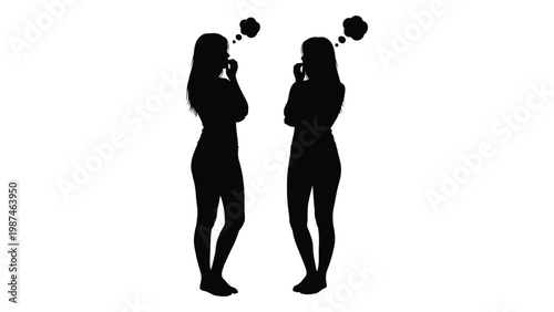 Two women in silhouette appear to be talking on phones with thought bubbles above their heads