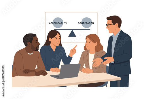 A team aligning responsibilities during a collaborative coordination discussion, gathered near a laptop while interacting with a simple balanced distribution diagram