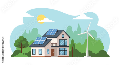 Slika na platnu Flat style vector illustration of a smart eco house powered by solar panels and