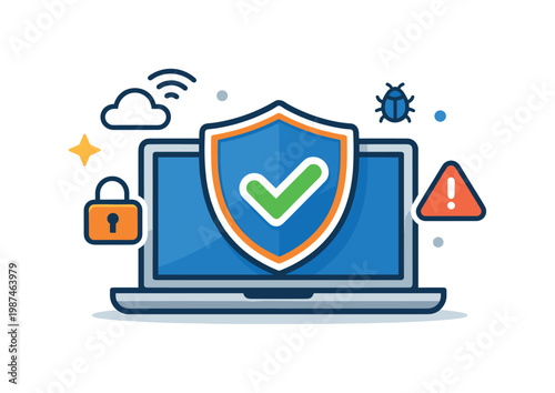 Cybersecurity and data protection emphasizing prevention of unauthorized access and digital threats, a laptop with a shield and a checkmark symbol representing secure