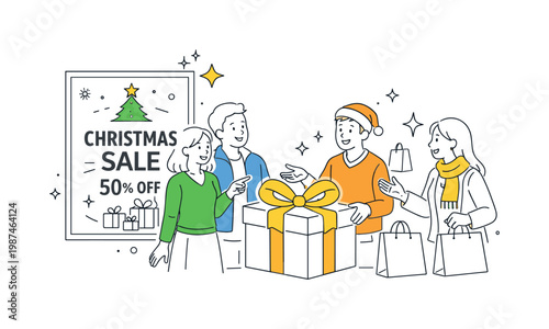 Retail promotion and festive advertising in a holiday shopping environment where businesses attract customers with seasonal visuals and offers, visualized through two or