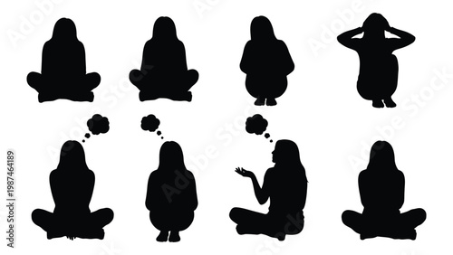 Black silhouettes depict diverse seated and kneeling human figures lost in thought and expression