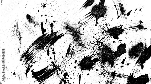 Energetic black and white grunge abstract background featuring raw ink brush strokes expressive paint marks chaotic splatters for artistic design high contrast wall art design element