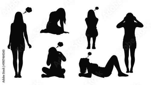 Silhouettes of women in various poses each with a thought bubble above their head