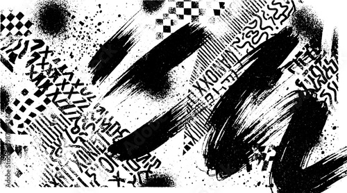 Dynamic black and white grunge abstract background featuring multiple bold ink brush strokes chaotic splatters diverse graphic patterns including checkerboard and lines high contrast wall art