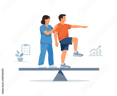 A healthcare professional assisting a patient with physical therapy exercises in a controlled clinical environment, representing structured recovery and medical support,