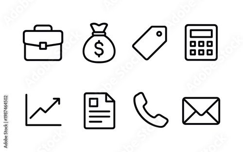 Business deal elements: briefcase, money bag, price tag, calculator, chart graph, proposal document, phone call, email envelope.