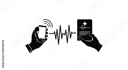 hands exchanging medical data via smartphone and ecg monitor