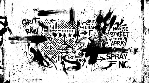Grungy abstract urban street art pattern with brush strokes splatters hidden text elements brush stroke black and white modern art abstract graffiti splatter geometric background