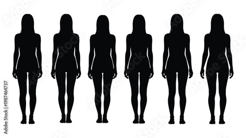 Six female silhouettes displaying varying body shapes and sizes in a linear arrangement