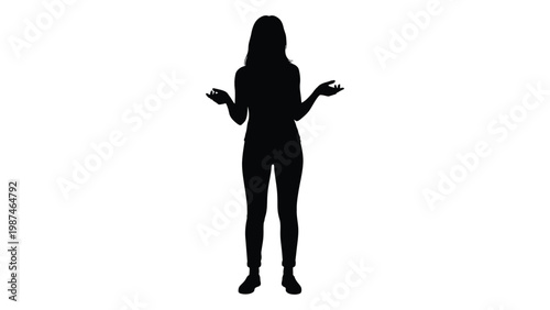 A full body silhouette of a woman standing with arms outstretched in a questioning gesture