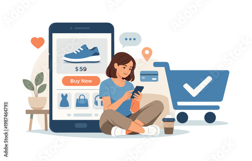 Mobile commerce scenario where a user browses and purchases products through a convenient digital platform in a modern lifestyle context, symbolized by a smartphone