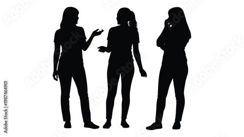 Three women in silhouette engaging in conversation and gestures against a white background