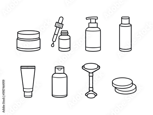Skin care routine: face cream jar, serum dropper, cleanser bottle, toner bottle, moisturizer tube, sunscreen bottle, facial roller, cotton pad.