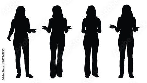 Four women depicted as black silhouettes standing in a row with varying gestures