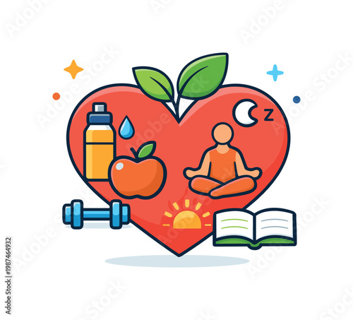 Healthy habits and self care routines shown as a positive daily practice concept, a heart shape combined with a small leaf symbolizing holistic health and natural