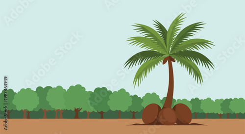 Flat illustration of a tropical palm tree with large coconuts on the ground in a green forest