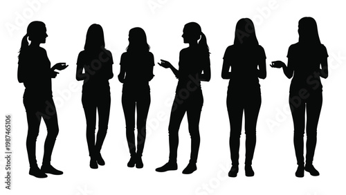 A group of six women stand and converse depicted as black silhouettes against a white background