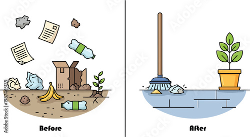 Before and after cleaning service concept with trash transformation and tidy floor vector illustration