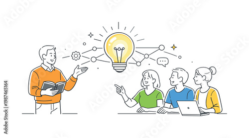Mentorship knowledge sharing concept illustrating a team learning session where a mentor explains ideas and supports skill development, using a light bulb and connecting
