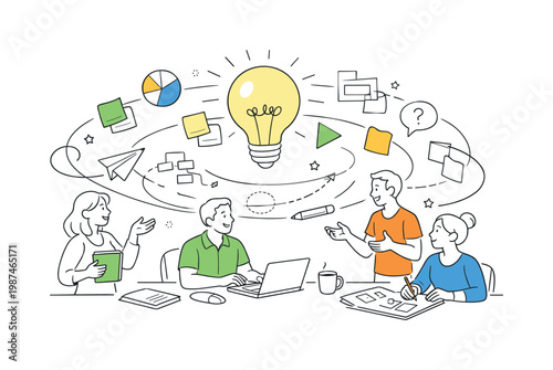 A creative workflow scenario where individuals juggle multiple ideas and unfinished concepts while exploring new directions, illustrated through a clean scene featuring