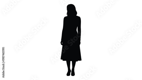 A full body silhouette of a woman standing facing forward against a plain white background