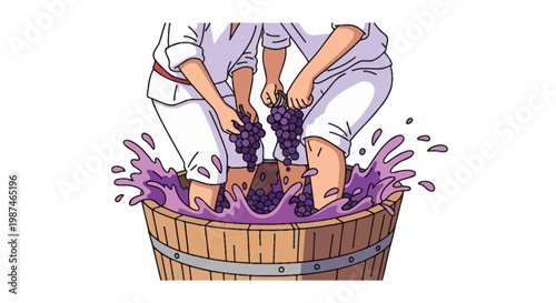 Traditional Grape Stomping for Wine Production Illustration