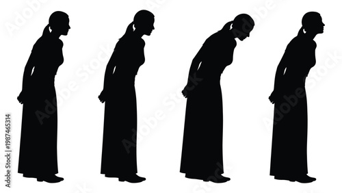 Four silhouettes of women in progressively bending poses depicted in black against a white background