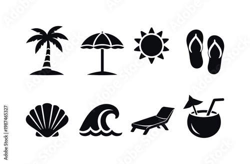 Beach vacation: palm tree, beach umbrella, sun, flip flops, seashell, wave, lounge chair, coconut drink.