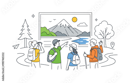 Travel inspiration and outdoor exploration in a creative or marketing context where scenic destinations are visually promoted through design, visualized through two or