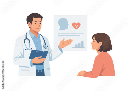 A healthcare professional providing guidance and diagnosis in a structured clinical environment, illustrated by a doctor gesturing toward a minimal medical chart while a