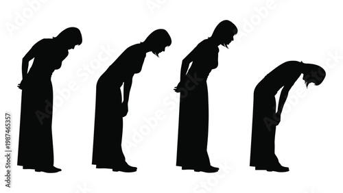 Four silhouetted women are depicted in varying stages of bowing or grief