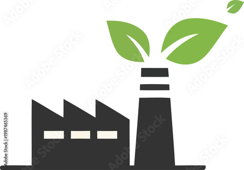 Eco friendly factory with green leaves growing from chimney for sustainable industry and clean energy concept